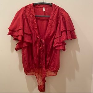 Free People Red Ruffle Bodysuit